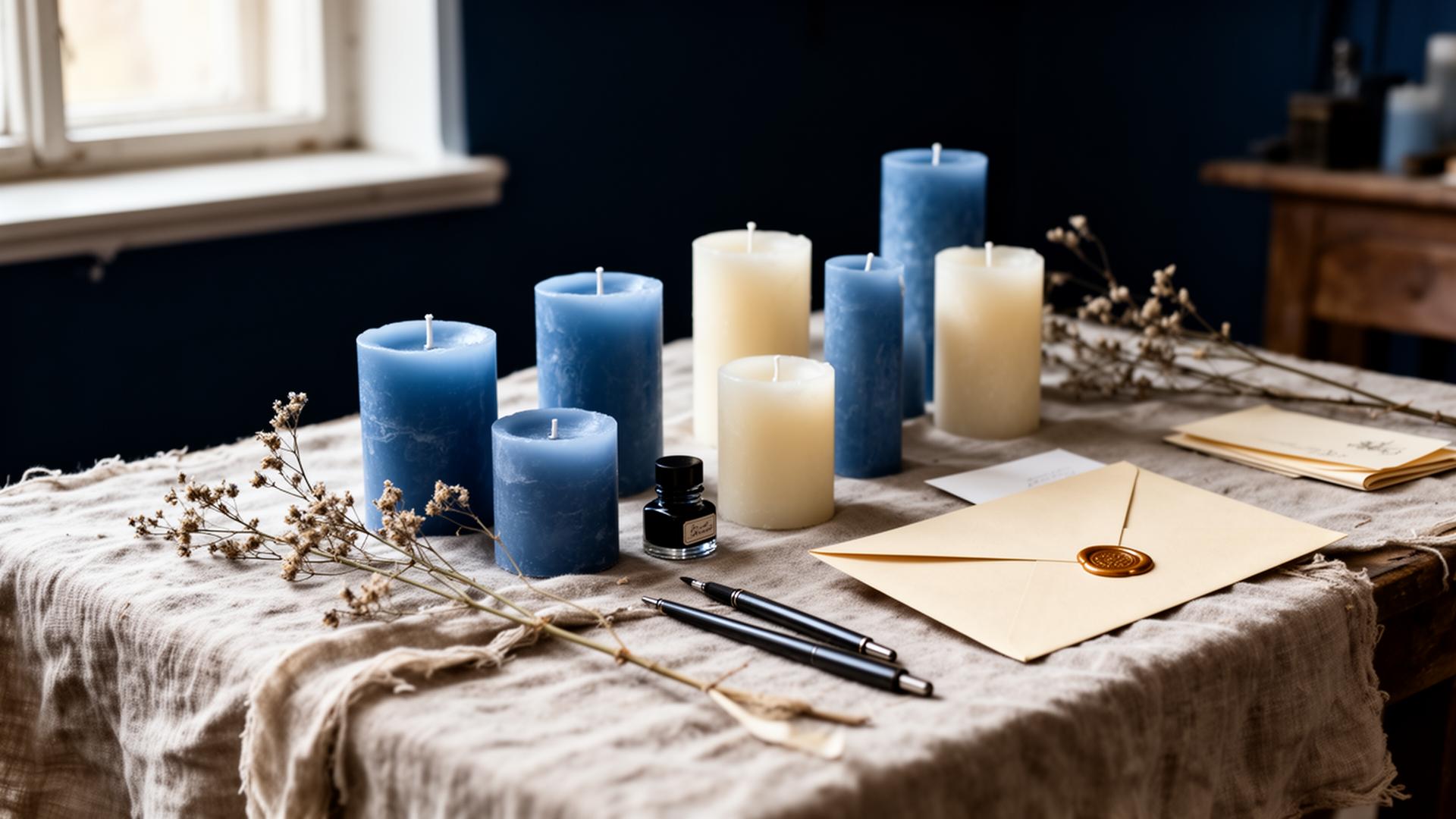 Handmade blue candles, ink and folded letters on linen in the AZULLI Studio atelier