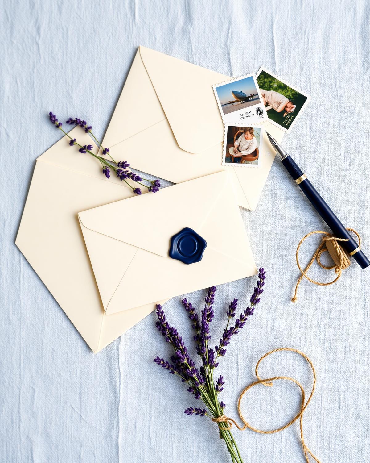 A folded letter sealed with navy blue wax, lavender and a fountain pen